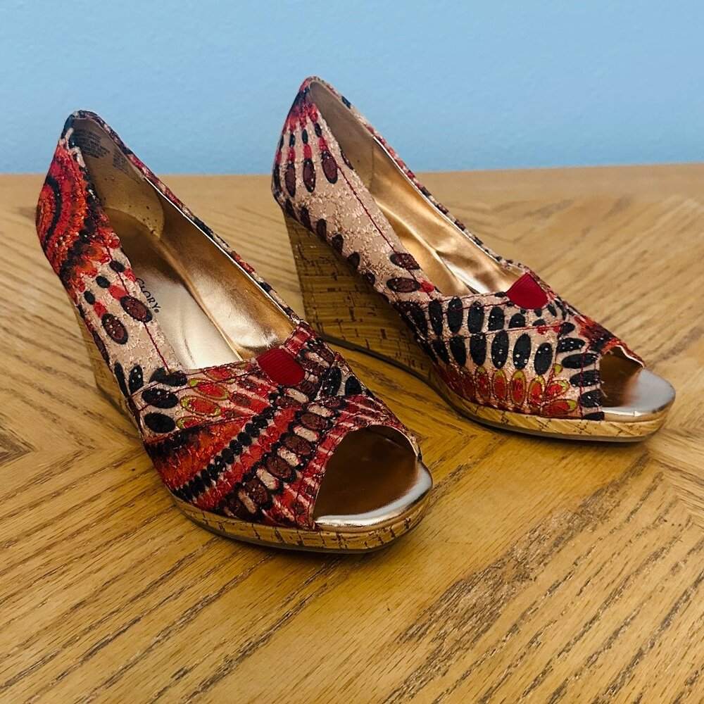 Faded Glory Open Toe Sandal Shoes Cork Wedge Heels Tie Dye Boho Size 8.5 M